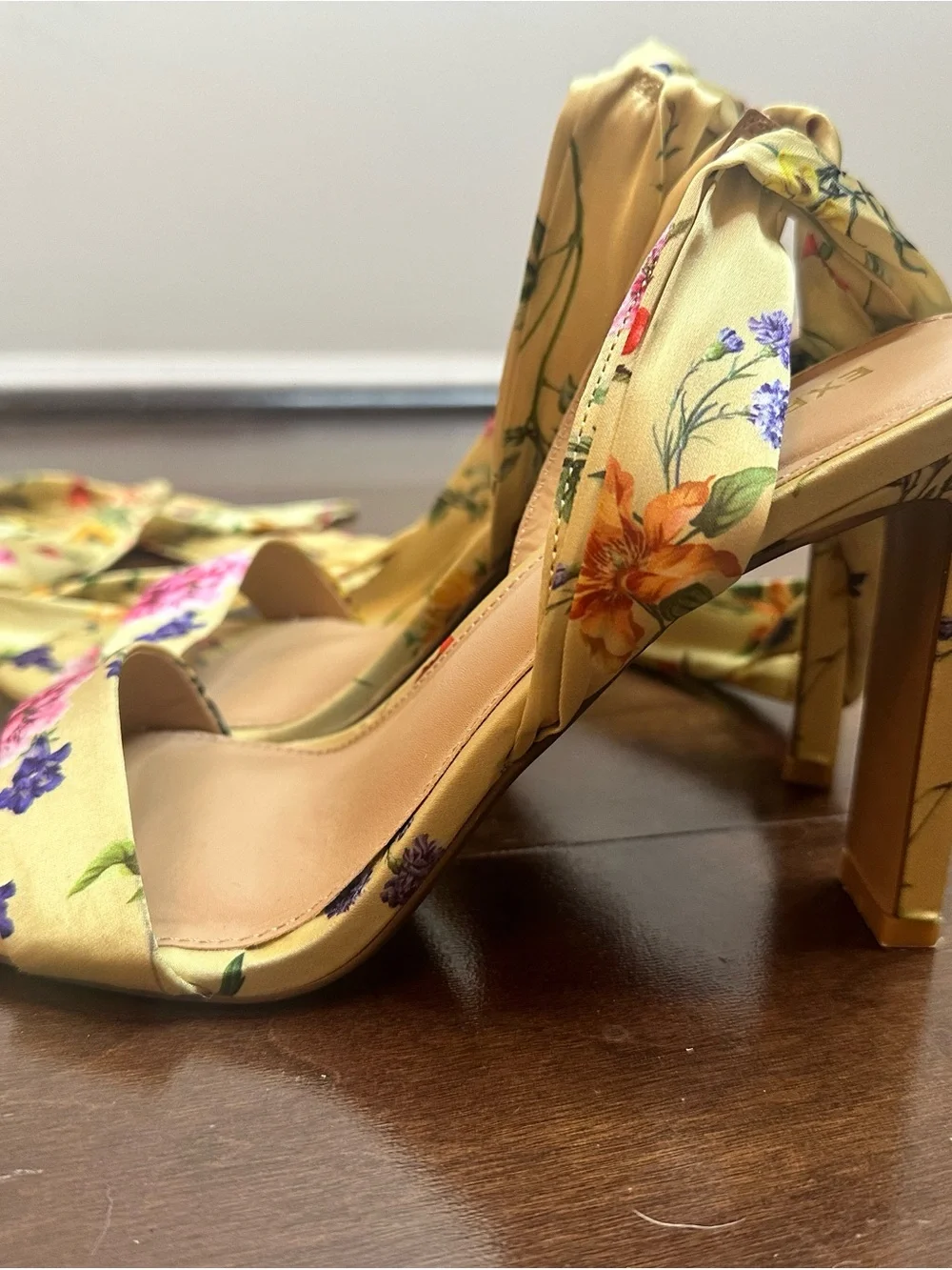 Express Floral Tie-Wrap Heeled Sandals in Yellow